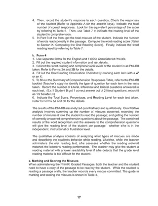 17
4. Then, record the student’s response to each question. Check the responses
of the student (Refer to Appendix A for the answer keys). Indicate the total
number of correct responses. Look for the equivalent percentage of the score
by referring to Table 6. Then, use Table 7 to indicate the reading level of the
student in comprehension.
5. In Part B of the form, get the total miscues of the student. Indicate the number
of words read correctly in the passage. Compute the word reading score (Refer
to Section K: Computing the Oral Reading Score). Finally, indicate the word
reading level by referring to Table 7.
b. Form 4
1. Use separate forms for the English and Filipino administered Phil-IRI.
2. Fill out the required student information and test details.
3. Record the word reading and comprehension levels of the student in all Phil-IRI
taken. Refer to Forms 3A and 3B for the details.
4. Fill out the Oral Reading Observation Checklist by marking each item with a
or an X.
5. To fill out the Summary of Comprehension Responses Table, refer to the Phil-IRI
booklet (Teacher’s copy) to identify the type of question for each item in the tests
taken. Record the number of Literal, Inferential and Critical questions answered in
each test. (Ex: If Student B got 1 correct answer out of 2 literal questions, record it
as 1/2 beside L=)
6. Indicate the Total Score, Percentage, and Reading Level for each test taken.
Refer to Forms 3A and 3B for the details.
The results of the Phil-IRI are analyzed quantitatively and qualitatively. Quantitative
analysis involves summing up the number of miscues observed; recording the
number of minutes it took the student to read the passage; and getting the number
of correctly answered comprehension questions about the passage. The combined
results of the word recognition and the answers to the comprehension questions
will give the reading level of the student per passage: whether s/he is in the
independent, instructional or frustration level.
The qualitative analysis consists of analyzing what types of miscues are made
and describing the student’s behavior while reading. Likewise, while the teacher
administers the oral reading test, s/he assesses whether the reading material
matches the learner’s reading performance. The teacher may give the student a
reading material with a lower readability level if s/he detects that the grade level
reading material is too difficult for the student.
a. Marking and Scoring the Miscues
When administering the Phil-IRI Graded Passages, both the teacher and the student
need to have a copy of the passage to be read by the student. While the student is
reading a passage orally, the teacher records every miscue committed. The guide in
marking and scoring the miscues is shown in Table 4.
 