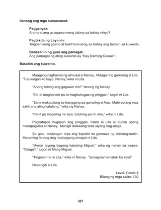 321
Maagang naghanda ng almusal si Nanay. Maaga ring gumising si Lita.
“Tutulungan ko kayo, Nanay,”wika ni Lita.
“Anong tulong ang gagawin mo?” tanong ng Nanay.
“Eh, di maghahain po at maghuhugas ng pinggan,’ sagot ni Lita.
“Sana makatulong ka hanggang sa gumaling si Ana. Mahirap ang may
sakit ang ating katulong.” wika ng Nanay.
“Kahit po magaling na siya, tutulong pa rin ako,” wika ni Lita.
Pagkatapos hugasan ang pinggan, nilaro ni Lita si bunso upang
makapaglaba si Nanay. Mahigit dalawang oras siyang nag-alaga.
Sa gabi, tinulungan niya ang kapatid na gumawa ng takdang-aralin.
Maraming tanong ang matiyagang sinagot ni Lita.
“Meron tayong bagong katulong Miguel,” wika ng nanay sa asawa.
“Talaga?,” tugon ni Mang Miguel.
“Tingnan mo si Lita,” wika ni Nanay. “Ipinagmamamalaki ko siya!”
Napangiti si Lita.
Level: Grade 4
Bilang ng mga salita: 130
Itanong ang mga sumusunod.
Pagganyak:
Ano-ano ang ginagawa mong tulong sa bahay ninyo?
Pagtakda ng Layunin:
Tingnan kung paano at bakit tumulong sa bahay ang tauhan sa kuwento.
Babasahin ng guro ang pamagat:
Ang pamagat ng ating kuwento ay “Kay Daming Gawain”.
Basahin ang kuwento.
 