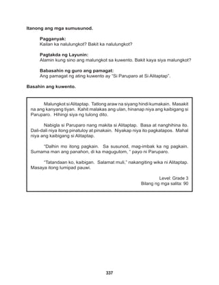 337
Malungkot siAlitaptap. Tatlong araw na siyang hindi kumakain. Masakit
na ang kanyang tiyan. Kahit malakas ang ulan, hinanap niya ang kaibigang si
Paruparo. Hihingi siya ng tulong dito.
Nabigla si Paruparo nang makita si Alitaptap. Basa at nanghihina ito.
Dali-dali niya itong pinatuloy at pinakain. Niyakap niya ito pagkatapos. Mahal
niya ang kaibigang si Alitaptap.
“Dalhin mo itong pagkain. Sa susunod, mag-imbak ka ng pagkain.
Sumama man ang panahon, di ka magugutom, “ payo ni Paruparo.
“Tatandaan ko, kaibigan. Salamat muli,” nakangiting wika ni Alitaptap.
Masaya itong lumipad pauwi.
Level: Grade 3
Bilang ng mga salita: 90
Itanong ang mga sumusunod.
Pagganyak:
Kailan ka nalulungkot? Bakit ka nalulungkot?
Pagtakda ng Layunin:
Alamin kung sino ang malungkot sa kuwento. Bakit kaya siya malungkot?
Babasahin ng guro ang pamagat:
Ang pamagat ng ating kuwento ay “Si Paruparo at Si Alitaptap”.
Basahin ang kuwento.
 