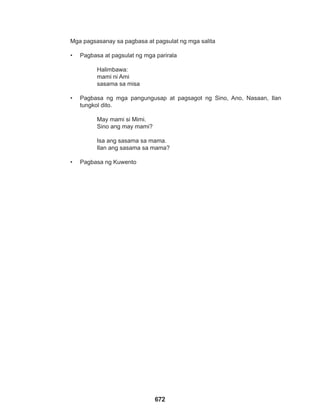 672
Mga pagsasanay sa pagbasa at pagsulat ng mga salita
• Pagbasa at pagsulat ng mga parirala
			 Halimbawa:
			 mami ni Ami
			sasama sa misa
• Pagbasa ng mga pangungusap at pagsagot ng Sino, Ano, Nasaan, Ilan
tungkol dito.
			 May mami si Mimi.
			 Sino ang may mami?
			 Isa ang sasama sa mama.
			 Ilan ang sasama sa mama?
• Pagbasa ng Kuwento
 
