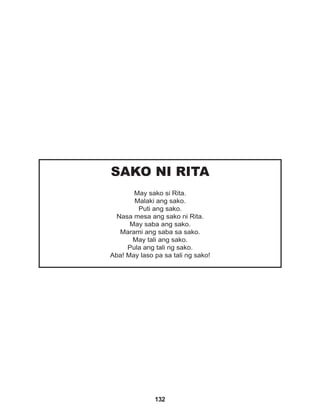 132
SAKO NI RITA
May sako si Rita.
Malaki ang sako.
Puti ang sako.
Nasa mesa ang sako ni Rita.
May saba ang sako.
Marami ang saba sa sako.
May tali ang sako.
Pula ang tali ng sako.
Aba! May laso pa sa tali ng sako!
 