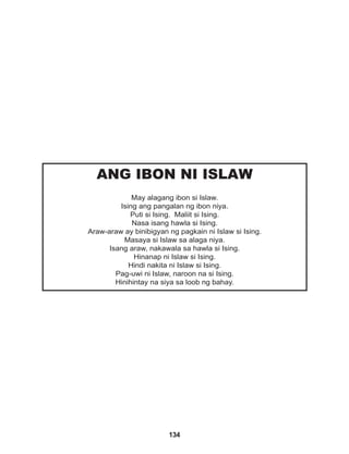 134
ANG IBON NI ISLAW
May alagang ibon si Islaw.
Ising ang pangalan ng ibon niya.
Puti si Ising. Maliit si Ising.
Nasa isang hawla si Ising.
Araw-araw ay binibigyan ng pagkain ni Islaw si Ising.
Masaya si Islaw sa alaga niya.
Isang araw, nakawala sa hawla si Ising.
Hinanap ni Islaw si Ising.
Hindi nakita ni Islaw si Ising.
Pag-uwi ni Islaw, naroon na si Ising.
Hinihintay na siya sa loob ng bahay.
 