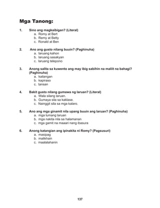 137
Mga Tanong:
1. Sino ang magkaibigan? (Literal)
a. Romy at Bert
b. Remy at Betty
c. Ronald at Ben
2. Ano ang gusto nilang buuin? (Paghinuha)
a. laruang kahon
b. laruang sasakyan
c. laruang telepono
3. Anong salita sa kuwento ang may ibig sabihin na maliit na bahagi?
(Paghinuha)
a. kailangan
b. kapiraso			
c. tansan
4. Bakit gusto nilang gumawa ng laruan? (Literal)
a. Wala silang laruan.
b. Gumaya sila sa kaklase.
c. Nainggit sila sa mga kalaro.
5. Ano ang mga ginamit nila upang buuin ang laruan? (Paghinuha)
a. mga lumang laruan
b. mga nakita nila sa halamanan
c. mga gamit na maaari nang ibasura
6. Anong katangian ang ipinakita ni Romy? (Pagsusuri)
a. masipag		
b. malikhain
c. maalalahanin
 