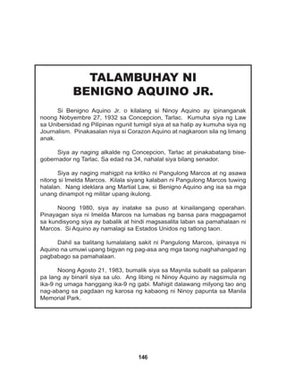 146
TALAMBUHAY NI
BENIGNO AQUINO JR.
Si Benigno Aquino Jr. o kilalang si Ninoy Aquino ay ipinanganak
noong Nobyembre 27, 1932 sa Concepcion, Tarlac. Kumuha siya ng Law
sa Unibersidad ng Pilipinas ngunit tumigil siya at sa halip ay kumuha siya ng
Journalism. Pinakasalan niya si Corazon Aquino at nagkaroon sila ng limang
anak.
Siya ay naging alkalde ng Concepcion, Tarlac at pinakabatang bise-
gobernador ng Tarlac. Sa edad na 34, nahalal siya bilang senador.
Siya ay naging mahigpit na kritiko ni Pangulong Marcos at ng asawa
nitong si Imelda Marcos. Kilala siyang kalaban ni Pangulong Marcos tuwing
halalan. Nang ideklara ang Martial Law, si Benigno Aquino ang isa sa mga
unang dinampot ng militar upang ikulong.
Noong 1980, siya ay inatake sa puso at kinailangang operahan.
Pinayagan siya ni Imelda Marcos na lumabas ng bansa para magpagamot
sa kundisyong siya ay babalik at hindi magsasalita laban sa pamahalaan ni
Marcos. Si Aquino ay namalagi sa Estados Unidos ng tatlong taon.
Dahil sa balitang lumalalang sakit ni Pangulong Marcos, ipinasya ni
Aquino na umuwi upang bigyan ng pag-asa ang mga taong naghahangad ng
pagbabago sa pamahalaan.
Noong Agosto 21, 1983, bumalik siya sa Maynila subalit sa paliparan
pa lang ay binaril siya sa ulo. Ang libing ni Ninoy Aquino ay nagsimula ng
ika-9 ng umaga hanggang ika-9 ng gabi. Mahigit dalawang milyong tao ang
nag-abang sa pagdaan ng karosa ng kabaong ni Ninoy papunta sa Manila
Memorial Park.
 