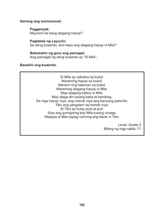 152
Si Mila ay nakatira sa bukid.
Maraming hayop sa bukid.
Marami ring halaman sa bukid.
Maraming alagang hayop si Mila.
May alagang baboy si Mila.
May alaga din siyang baka at kambing.
Sa mga hayop niya, ang manok niya ang kanyang paborito.
Tiko ang pangalan ng manok niya.
Si Tiko ay kulay pula at puti.
Siya ang gumigising kay Mila tuwing umaga.
Masaya si Mila kapag naririnig ang tilaok ni Tiko.
Level: Grade 2
Bilang ng mga salita: 71
Itanong ang sumusunod.
Pagganyak:
Mayroon ka bang alagang hayop?
Pagtakda ng Layunin:
Sa ating kuwento, ano kaya ang alagang hayop ni Mila?
Babasahin ng guro ang pamagat:
Ang pamagat ng ating kuwento ay “Si Mila”.
Basahin ang kuwento.
 