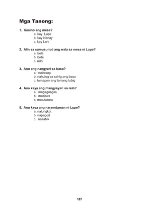 187
Mga Tanong:
1. Kanino ang mesa?
a. kay Lupe
b. kay Nanay		
c. kay Lani
2. Alin sa sumusunod ang wala sa mesa ni Lupe?
a. bola		
b. bote
c. relo
3. Ano ang nangyari sa baso?
a. nabasag
b. nahulog sa sahig ang baso
c. tumapon ang lamang tubig
4. Ano kaya ang mangyayari sa relo?
a. magagasgas
b. masisira
c. matutunaw
5. Ano kaya ang naramdaman ni Lupe?
a. nalungkot		
b. napagod
c. nasabik		
 