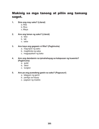 205
Makinig sa mga tanong at piliin ang tamang
sagot.
1. Sino ang may sako? (Literal)
a. Rita
b. Rico
c. Maya
2. Ano ang laman ng sako? (Literal)
a. laso
b. tali
c. saba
3. Ano kaya ang gagawin ni Rita? (Paghinuha)
a. mag-iipon ng sako
b. magtitinda ng saba
c. magpapakain ng baka
4. Ano ang damdamin na ipinahahayag sa katapusan ng kuwento?
(Paghinuha)
a. gulat
b. takot
c. lungkot
5. Ano pa ang puwedeng gawin sa sako? (Pagsusuri)
a. lalagyan ng gamit
b. panligo sa hayop
c. pagkain ng insekto
 