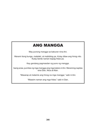 245
ANG MANGGA
May punong mangga sa bakuran nina Ani.
Marami itong bunga, malalaki, at mabibilog pa. Kulay dilaw ang hinog nito.
Kulay berde naman kapag hilaw pa.
Kay gandang pagmasdan ng puno ng mangga.
Isang araw, pumitas ng mga mangga ang mga kalaro niAni. Maraming napitas
sina Dan, Nica at Alan.
“Masarap at matamis ang hinog na mga mangga,” sabi ni Ani.
“Maasim naman ang mga hilaw,” sabi ni Dan.
 