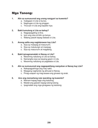 250
Mga Tanong:
1. Alin sa sumusunod ang unang nangyari sa kuwento?
a. Inalagaan ni Lita si bunso.
b. Naghugas si Lita ng pinggan.
c. Tinuruan ni Lita ang kapatid niya.
2. Bakit tumulong si Lita sa bahay?
a. Nagpapagaling si Ana.
b. Iyon ang utos at bilin sa kanya.
c. Walang pasok kapag Sabado si Lita.
3. Anong salita ang naglalarawan kay Lita?
a. Siya ay masipag at masunurin.
b. Siya ay matulungin at masipag.
c. Siya ay masunurin at magalang.
4. Bakit ipinagmamalaki ni Nanay si Lita?
a. Maraming naitulong si Lita sa bahay.
b. Namangha siya sa kayang gawin ni Lita.
c. Maraming naitulong sa paglalaba si Lita.
5. Alin sa sumusunod ang nagpapakitang nasiyahan si Nanay kay Lita?
a. Nakapagpahinga ang may sakit.
b. Maagang naghanda ng almusal si Nanay.
c. Pinag-usapan ng mag-asawa ang ginawa ng anak.
6. Ano ang mensaheng nais iparating ng kuwento?
a. Mainam kapag bago ang katulong.
b. Madali ang gawain kapag tulong-tulong.
c. Ipagmalaki ang mga ginagawa ng katulong.
 