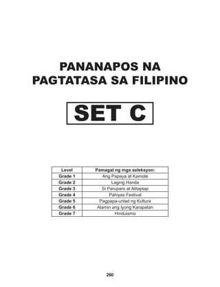 260
Level Pamagat ng mga seleksyon:
Grade 1 Ang Papaya at Kamote
Grade 2 Laging Handa
Grade 3 Si Paruparo at Alitaptap
Grade 4 Pahiyas Festival
Grade 5 Pagpapa-unlad ng Kultura
Grade 6 Alamin ang Iyong Karapatan
Grade 7 Hinduismo
PANANAPOS NA
PAGTATASA SA FILIPINO
SET C
 