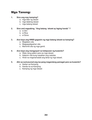 264
Mga Tanong:
1. Sino ang may kamping?
a. mga lider ng iskawt
b. mga lalaking iskawt
c. mga batang iskawt
2. Sino and nagsabing, “Ang batang iskawt ay laging handa” ?
a. si Zen
b. si Rica
c. si Dona
3. Ano kaya ang HINDI gagawin ng mga batang iskawt sa kamping?
a. Maglalaro sila.
b. Magpapaligsahan sila.
c. Mamimili sila ng mga gamit.
4. Ano kaya ang mangyayari sa katapusan ng kuwento?
a. Wala nang palaro para sa mga iskawt.
b. Aalamin nila kung nasaktan ang nadulas.
c. Hindi na magmamadali ang lahat ng mga iskawt.
5. Alin sa sumusunod ang isa pang magandang pamagat para sa kuwento?
a. Awitan sa Kamping
b. Handa na sa Kamping
c. Kamping ng mga Iskawt
 