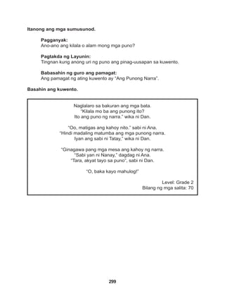 299
Naglalaro sa bakuran ang mga bata.
“Kilala mo ba ang punong ito?
Ito ang puno ng narra.” wika ni Dan.
“Oo, matigas ang kahoy nito.” sabi ni Ana.
“Hindi madaling matumba ang mga punong narra.
Iyan ang sabi ni Tatay,” wika ni Dan.
“Ginagawa pang mga mesa ang kahoy ng narra.
“Sabi yan ni Nanay,” dagdag ni Ana.
“Tara, akyat tayo sa puno”, sabi ni Dan.
“O, baka kayo mahulog!”
Level: Grade 2
Bilang ng mga salita: 70
Itanong ang mga sumusunod.
Pagganyak:
Ano-ano ang kilala o alam mong mga puno?
Pagtakda ng Layunin:
Tingnan kung anong uri ng puno ang pinag-uusapan sa kuwento.
Babasahin ng guro ang pamagat:
Ang pamagat ng ating kuwento ay “Ang Punong Narra”.
Basahin ang kuwento.
 