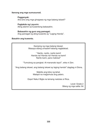 335
Kamping ng mga batang Iskawt.
Masaya silang umaawit habang naglalakad.
“ Narito, narito, narito kami!
Handa na! Handa na! Handa na kami!
Narito kami, para makiisa!”
“Tumulong sa pangkat. At mananalo tayo!”, wika ni Zen.
“Ang batang iskawt, ang batang iskawt ay laging handa!”,dagdag ni Dona,
Mabilis ang kilos ng lahat.
Malapit na magsimula ang palaro.
Oops! Naku! Bigla na lamang nadulas si Rica.
Level: Grade 2
Bilang ng mga salita: 64
Itanong ang mga sumusunod.
Pagganyak:
Ano-ano ang mga ginagawa ng mga batang iskawt?
Pagtakda ng Layunin:
Ating alamin sa kuwentong babasahin.
Babasahin ng guro ang pamagat:
Ang pamagat ng ating kuwento ay “Laging Handa”.
Basahin ang kuwento.
 
