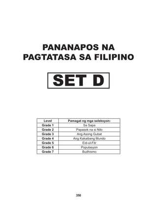 350
Level Pamagat ng mga seleksyon:
Grade 1 Sa Sapa
Grade 2 Papasok na si Nilo
Grade 3 Ang Asong Gubat
Grade 4 Ang Kakaibang Mundo
Grade 5 Eid-ul-Fitr
Grade 6 Populasyon
Grade 7 Budhismo
PANANAPOS NA
PAGTATASA SA FILIPINO
SET D
 