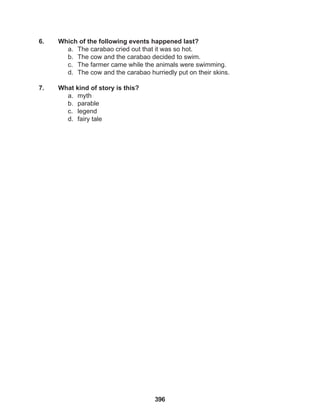 396
6. Which of the following events happened last?
a. The carabao cried out that it was so hot.
b. The cow and the carabao decided to swim.
c. The farmer came while the animals were swimming.
d. The cow and the carabao hurriedly put on their skins.
7. What kind of story is this?
a. myth
b. parable
c. legend
d. fairy tale
 