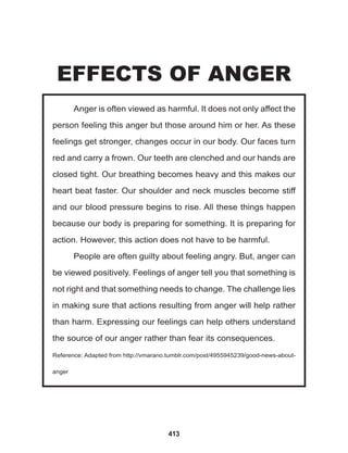 413
Anger is often viewed as harmful. It does not only affect the
person feeling this anger but those around him or her. As these
feelings get stronger, changes occur in our body. Our faces turn
red and carry a frown. Our teeth are clenched and our hands are
closed tight. Our breathing becomes heavy and this makes our
heart beat faster. Our shoulder and neck muscles become stiff
and our blood pressure begins to rise. All these things happen
because our body is preparing for something. It is preparing for
action. However, this action does not have to be harmful.
People are often guilty about feeling angry. But, anger can
be viewed positively. Feelings of anger tell you that something is
not right and that something needs to change. The challenge lies
in making sure that actions resulting from anger will help rather
than harm. Expressing our feelings can help others understand
the source of our anger rather than fear its consequences.
Reference: Adapted from http://vmarano.tumblr.com/post/4955945239/good-news-about-
anger
EFFECTS OF ANGER
 