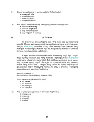 37
9. Sino ang mga kasama ni Muning sa kahon? (Paghinuha)
a. mga anak nito
b. mga kalaro nito
c. mga nahuli nito
d. mga kaibigan nito
10. Ano ang isa pang magandang pamagat ng kuwento?? (Pagsusuri)
a. Nasaan si Muning?
b. Nasaan ang Kahon?
c. Ang Kahon ni Susan
d. Ang Pagkain ini Muning
11. Saan naganap ang kuwento? (Literal)
a. sa bahay
b. sa paaralan
c. sa palengke
d. sa simbahan
12. Ano ang katangiang ipinakita ni Brownie? (Paghinuha)
a. matapang
b. masungit
c. maharot
d. malikot
Si Brownie
Si Brownie ay aking alagang aso. Ang aking aso ay masamang
magalit. Minsan ay may pumasok na malaking manok sa aming bakuran.
Kaagad niya itong tinahulan. Kung hindi lamang siya nakatali nang
mahigpit, malamang na habulin niya ito. Nagulat ang manok at tumakbo
ito nang mabilis palabas ng bakuran.
Kagabi ay hindi ko naitali si Brownie. Panay ang ungol niya. Maya-
maya ay may tinahulan siya nang malakas. Biglang lumukso si Brownie
sa kanyang tulugan at may hinabol. Dali-dali kong sinilip ang aking alaga.
May napatay siyang daga! Bahagya pa niyang ginalaw ang kanyang
buntot nang makita ako. Kaagad kong binitbit sa buntot ang daga at
ipinakita kay Tatay. Masayang hinimas ni Tatay si Brownie. “Talagang
maaasahan ang asong ito,” sabi niya.
Bilang ng mga salita: 122
(Bagong Filipino Saligang-Aklat II, Ibita et al, 1990)
C.
 