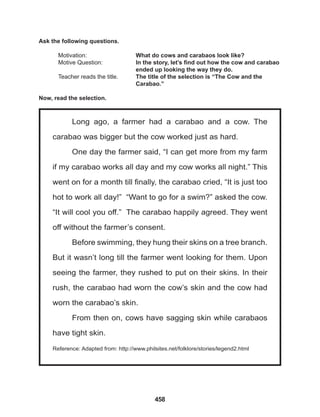 458
Long ago, a farmer had a carabao and a cow. The
carabao was bigger but the cow worked just as hard.
One day the farmer said, “I can get more from my farm
if my carabao works all day and my cow works all night.” This
went on for a month till finally, the carabao cried, “It is just too
hot to work all day!” “Want to go for a swim?” asked the cow.
“It will cool you off.” The carabao happily agreed. They went
off without the farmer’s consent.
Before swimming, they hung their skins on a tree branch.
But it wasn’t long till the farmer went looking for them. Upon
seeing the farmer, they rushed to put on their skins. In their
rush, the carabao had worn the cow’s skin and the cow had
worn the carabao’s skin.
From then on, cows have sagging skin while carabaos
have tight skin.
Reference: Adapted from: http://www.philsites.net/folklore/stories/legend2.html
Ask the following questions.
Motivation: 			 What do cows and carabaos look like?
Motive Question: 		 In the story, let’s find out how the cow and carabao
					 ended up looking the way they do.
Teacher reads the title. The title of the selection is “The Cow and the 		
					 Carabao.”
Now, read the selection.
 