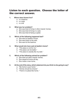 473
Listen to each question. Choose the letter of
the correct answer.
1. Where does Anansi live?
a. in a beehive
b. in a web
c. in a hill
2. What was her problem?
a. She was tired of living in other insects’ homes.
b. She was tired of living in a web.
c. She was tired of being a spider.
3. Which of the following happened last?
a. She went to beetle’s house.
b. She went back to the web.
c. She went to the beehive.
4. What would she have said at beetle’s home?
a. “This place is not for me.”
b. “This place can be better.”
c. “This place is exactly like my web.”
5. Which of the following solved her problem?
a. She tried out other insects’ homes.
b. She stayed at home all day.
c. She made a new home.
6. At the end of the story, which statement do you think is she going to say?
a. “My home is your home.”
b. “Homes should be shared.”
c. “There’s no place like home. “
 