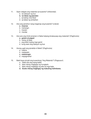 43
11. Saan naligaw ang matanda sa kuwento? (Inferential)
a. sa sakayan ng bus
b. sa labas ng paaralan
c. sa bahay nina Noel
d. sa labas ng simbahan
12. Ano ang panahon nang maganap ang kuwento? (Literal)
a. maaraw
b. mahangin
c. maulan
d. maulap
13. Ano-ano ang hindi pinansin ni Nelia habang kinakausap ang matanda? (Paghinuha)
a. gutom at pagod
b. nanay at tatay
c. ang bitbit niyang mga gamit
d. kung saan ang istasyon ng bus
14. Anong ugali ang ipinakita ni Nelia? (Paghinuha)
a. malinis
b. madasalin
c. matulungin
d. mapagmahal
15. Bakit kaya sinulat ang kuwentong “Ang Matanda”? (Pagsusuri)
a. Hatid nito ang isang balita.
b. Nais nitong magbigay ng mungkahi.
c. Nais nitong magbigay ng aliw sa mga bata.
d. Gusto nitong magbigay ng mabuting halimbawa.
 