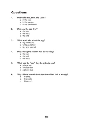 506
Questions
1. Where are Bird, Hen, and Duck?
a. in the nest
b. in the garden
c. in the farmhouse
2. Who saw the egg first?
a. the hen
b. the duck
c. the bird
3. What word tells about the egg?
a. big and round
b. white and shiny
c. tiny and colorful
4. Who among the animals has a new baby?
a. the hen
b. the bird
c. the duck
5. What was the “egg” that the animals saw?
a. a large top
b. a rubber ball
c. a plastic cup
6. Why did the animals think that the rubber ball is an egg?
a. It is tiny.
b. It is white.
c. It is round.
 