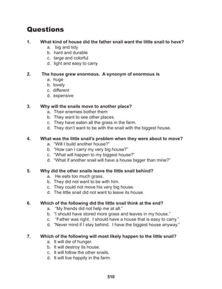 510
Questions
1. What kind of house did the father snail want the little snail to have?
a. big and tidy
b. hard and durable
c. large and colorful
d. light and easy to carry
2. The house grew enormous. A synonym of enormous is
a. huge
b. lovely
c. different
d. expensive
3. Why will the snails move to another place?
a. Their enemies bother them
b. They want to see other places.
c. They have eaten all the grass in the farm.
d. They don’t want to be with the snail with the biggest house.
4. What was the little snail’s problem when they were about to move?
a. “Will I build another house?”
b. “How can I carry my very big house?”
c. “What will happen to my biggest house?”
d. “What if another snail will have a house bigger than mine?”
5. Why did the other snails leave the little snail behind?
a. He eats too much grass.
b. They did not want to be with him.
c. They could not move his very big house.
d. The little snail did not want to leave its house.
6. Which of the following did the little snail think at the end?
a. “My friends did not help me at all.”
b. “I should have stored more grass and leaves in my house.”
c. “Father was right. I should have a house that is easy to carry.”
d. “Never mind if I stay behind. I have the biggest house anyway.”
7. Which of the following will most likely happen to the little snail?
a. It will die of hunger.
b. It will destroy its house.
c. It will follow the other snails.
d. It will live happily in the farm.
 