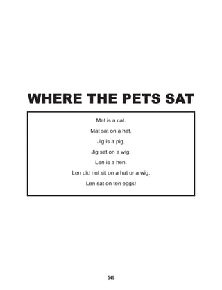 549
Mat is a cat.
Mat sat on a hat.
Jig is a pig.
Jig sat on a wig.
Len is a hen.
Len did not sit on a hat or a wig.
Len sat on ten eggs!
WHERE THE PETS SAT
 