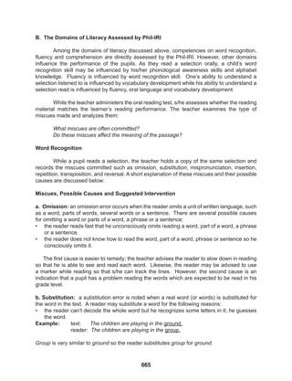 665
B. The Domains of Literacy Assessed by Phil-IRI
Among the domains of literacy discussed above, competencies on word recognition,
fluency and comprehension are directly assessed by the Phil-IRI. However, other domains
influence the performance of the pupils. As they read a selection orally, a child’s word
recognition skill may be influenced by his/her phonological awareness skills and alphabet
knowledge. Fluency is influenced by word recognition skill. One’s ability to understand a
selection listened to is influenced by vocabulary development while his ability to understand a
selection read is influenced by fluency, oral language and vocabulary development.
While the teacher administers the oral reading test, s/he assesses whether the reading
material matches the learner’s reading performance. The teacher examines the type of
miscues made and analyzes them:
What miscues are often committed?
Do these miscues affect the meaning of the passage?
Word Recognition
While a pupil reads a selection, the teacher holds a copy of the same selection and
records the miscues committed such as omission, substitution, mispronunciation, insertion,
repetition, transposition, and reversal. A short explanation of these miscues and their possible
causes are discussed below:
Miscues, Possible Causes and Suggested Intervention
a. Omission: an omission error occurs when the reader omits a unit of written language, such
as a word, parts of words, several words or a sentence. There are several possible causes
for omitting a word or parts of a word, a phrase or a sentence:
• the reader reads fast that he unconsciously omits reading a word, part of a word, a phrase
or a sentence.
• the reader does not know how to read the word, part of a word, phrase or sentence so he
consciously omits it.
The first cause is easier to remedy; the teacher advises the reader to slow down in reading
so that he is able to see and read each word. Likewise, the reader may be advised to use
a marker while reading so that s/he can track the lines. However, the second cause is an
indication that a pupil has a problem reading the words which are expected to be read in his
grade level.
b. Substitution: a substitution error is noted when a real word (or words) is substituted for
the word in the text. A reader may substitute a word for the following reasons:
• the reader can’t decode the whole word but he recognizes some letters in it; he guesses
the word.
Example: text: The children are playing in the ground.
		 reader: The children are playing in the group.
Group is very similar to ground so the reader substitutes group for ground.
 
