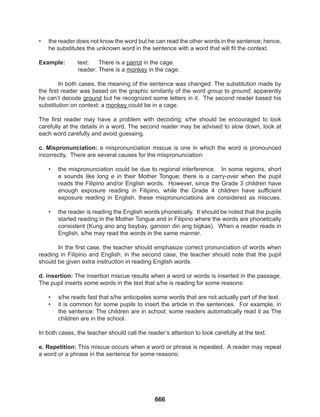 666
• the reader does not know the word but he can read the other words in the sentence; hence,
he substitutes the unknown word in the sentence with a word that will fit the context.
Example: text: There is a parrot in the cage.
reader: There is a monkey in the cage.
In both cases, the meaning of the sentence was changed. The substitution made by
the first reader was based on the graphic similarity of the word group to ground; apparently
he can’t decode ground but he recognized some letters in it. The second reader based his
substitution on context; a monkey could be in a cage.
The first reader may have a problem with decoding; s/he should be encouraged to look
carefully at the details in a word. The second reader may be advised to slow down, look at
each word carefully and avoid guessing.
c. Mispronunciation: a mispronunciation miscue is one in which the word is pronounced
incorrectly. There are several causes for the mispronunciation:
• the mispronunciation could be due to regional interference. In some regions, short
e sounds like long e in their Mother Tongue; there is a carry-over when the pupil
reads the Filipino and/or English words. However, since the Grade 3 children have
enough exposure reading in Filipino, while the Grade 4 children have sufficient
exposure reading in English, these mispronunciations are considered as miscues.
• the reader is reading the English words phonetically. It should be noted that the pupils
started reading in the Mother Tongue and in Filipino where the words are phonetically
consistent (Kung ano ang baybay, ganoon din ang bigkas). When a reader reads in
English, s/he may read the words in the same manner.
In the first case, the teacher should emphasize correct pronunciation of words when
reading in Filipino and English; in the second case, the teacher should note that the pupil
should be given extra instruction in reading English words.
d. insertion: The insertion miscue results when a word or words is inserted in the passage.
The pupil inserts some words in the text that s/he is reading for some reasons:
• s/he reads fast that s/he anticipates some words that are not actually part of the text.
• it is common for some pupils to insert the article in the sentences. For example, in
the sentence: The children are in school; some readers automatically read it as The
children are in the school.
In both cases, the teacher should call the reader’s attention to look carefully at the text.
e. Repetition: This miscue occurs when a word or phrase is repeated. A reader may repeat
a word or a phrase in the sentence for some reasons:
 