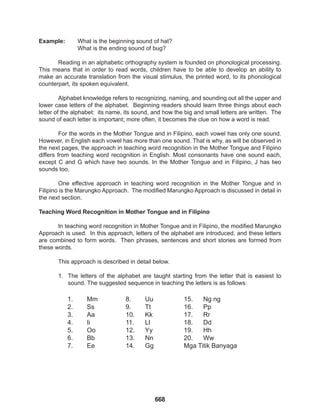 668
Example: What is the beginning sound of hat?
		 What is the ending sound of bug?
Reading in an alphabetic orthography system is founded on phonological processing.
This means that in order to read words, children have to be able to develop an ability to
make an accurate translation from the visual stimulus, the printed word, to its phonological
counterpart, its spoken equivalent.
Alphabet knowledge refers to recognizing, naming, and sounding out all the upper and
lower case letters of the alphabet. Beginning readers should learn three things about each
letter of the alphabet: its name, its sound, and how the big and small letters are written. The
sound of each letter is important; more often, it becomes the clue on how a word is read.
For the words in the Mother Tongue and in Filipino, each vowel has only one sound.
However, in English each vowel has more than one sound. That is why, as will be observed in
the next pages, the approach in teaching word recognition in the Mother Tongue and Filipino
differs from teaching word recognition in English. Most consonants have one sound each,
except C and G which have two sounds. In the Mother Tongue and in Filipino, J has two
sounds too,
One effective approach in teaching word recognition in the Mother Tongue and in
Filipino is the Marungko Approach. The modified Marungko Approach is discussed in detail in
the next section.
Teaching Word Recognition in Mother Tongue and in Filipino
In teaching word recognition in Mother Tongue and in Filipino, the modified Marungko
Approach is used. In this approach, letters of the alphabet are introduced, and these letters
are combined to form words. Then phrases, sentences and short stories are formed from
these words.
This approach is described in detail below.
1. The letters of the alphabet are taught starting from the letter that is easiest to
sound. The suggested sequence in teaching the letters is as follows:
1. Mm		 8. Uu		 15. Ng ng
2. Ss 9. Tt		 16. Pp
3. Aa 10. Kk		 17. Rr
4. Ii		 11. Ll		 18. Dd
5. Oo		 12. Yy		 19. Hh
6. Bb		 13. Nn		 20. Ww
7. Ee		 14. Gg		 Mga Titik Banyaga
 