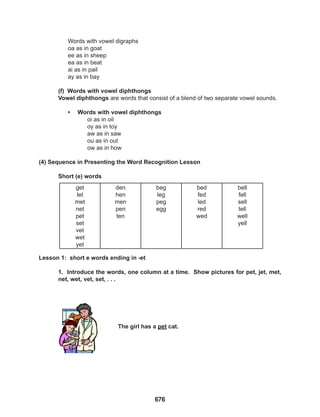 676
Words with vowel digraphs
oa as in goat
ee as in sheep
ea as in beat
ai as in pail
ay as in bay
(f) Words with vowel diphthongs
Vowel diphthongs are words that consist of a blend of two separate vowel sounds.
• Words with vowel diphthongs
oi as in oil
oy as in toy
aw as in saw
ou as in out
ow as in how
(4) Sequence in Presenting the Word Recognition Lesson
Short (e) words
Lesson 1: short e words ending in -et
1. Introduce the words, one column at a time. Show pictures for pet, jet, met,
net, wet, vet, set, . . .
The girl has a pet cat.
get
let
met
net
pet
set
vet
wet
yet
den
hen
men
pen
ten
beg
leg
peg
egg
bed
fed
led
red
wed
bell
fell
sell
tell
well
yell
 