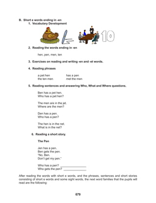 679
B. Short e words ending in -en
1. Vocabulary Development
2. Reading the words ending in -en
hen, pen, men, ten
3. Exercises on reading and writing -en and -et words.
4. Reading phrases
a pet hen		 has a pen
the ten men		 met the men
5. Reading sentences and answering Who, What and Where questions.
Ben has a pet hen.
Who has a pet hen?
The men are in the jet.
Where are the men?
Den has a pen.
Who has a pen?
The hen is in the net.
What is in the net?
6. Reading a short story.
The Pen
Jen has a pen.
Ben gets the pen.
“No, Ben.
Don’t get my pen.”
Who has a pen? ________________
Who gets the pen? ______________
After reading the words with short e words, and the phrases, sentences and short stories
consisting of short e words and some sight words, the next word families that the pupils will
read are the following:
 