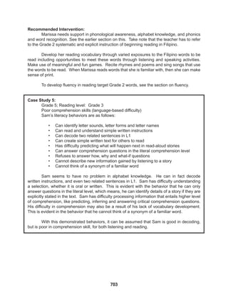703
Recommended Intervention:
Marissa needs support in phonological awareness, alphabet knowledge, and phonics
and word recognition. See the earlier section on this. Take note that the teacher has to refer
to the Grade 2 systematic and explicit instruction of beginning reading in Filipino.
Develop her reading vocabulary through varied exposures to the Filipino words to be
read including opportunities to meet these words through listening and speaking activities.
Make use of meaningful and fun games. Recite rhymes and poems and sing songs that use
the words to be read. When Marissa reads words that she is familiar with, then she can make
sense of print.
To develop fluency in reading target Grade 2 words, see the section on fluency.
Case Study 5:
Grade 5; Reading level: Grade 3
Poor comprehension skills (language-based difficulty)		
Sam’s literacy behaviors are as follows:
• Can identify letter sounds, letter forms and letter names
• Can read and understand simple written instructions
• Can decode two related sentences in L1
• Can create simple written text for others to read
• Has difficulty predicting what will happen next in read-aloud stories
• Can answer comprehension questions in the literal comprehension level
• Refuses to answer how, why and what-if questions
• Cannot describe new information gained by listening to a story
• Cannot think of a synonym of a familiar word
Sam seems to have no problem in alphabet knowledge. He can in fact decode
written instructions, and even two related sentences in L1. Sam has difficulty understanding
a selection, whether it is oral or written. This is evident with the behavior that he can only
answer questions in the literal level, which means, he can identify details of a story if they are
explicitly stated in the text. Sam has difficulty processing information that entails higher level
of comprehension, like predicting, inferring and answering critical comprehension questions.
His difficulty in comprehension may also be a result of his lack of vocabulary development.
This is evident in the behavior that he cannot think of a synonym of a familiar word.
With this demonstrated behaviors, it can be assumed that Sam is good in decoding,
but is poor in comprehension skill, for both listening and reading.
 