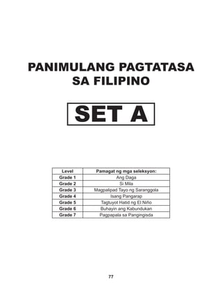 77
Level Pamagat ng mga seleksyon:
Grade 1 Ang Daga
Grade 2 Si Mila
Grade 3 Magpalipad Tayo ng Saranggola
Grade 4 Isang Pangarap
Grade 5 Tagtuyot Hatid ng El Niño
Grade 6 Buhayin ang Kabundukan
Grade 7 Pagpapala sa Pangingisda
PANIMULANG PAGTATASA
SA FILIPINO
SET A
 
