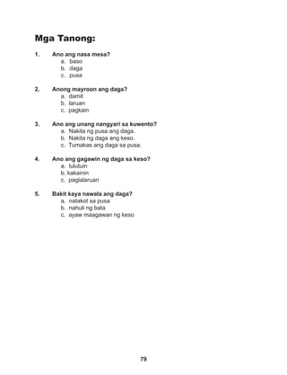 79
Mga Tanong:
1. Ano ang nasa mesa?
a. baso
b. daga
c. pusa
2. Anong mayroon ang daga?
a. damit
b. laruan
c. pagkain
3. Ano ang unang nangyari sa kuwento?
a. Nakita ng pusa ang daga.
b. Nakita ng daga ang keso.
c. Tumakas ang daga sa pusa.
4. Ano ang gagawin ng daga sa keso?
a. lulutuin
b. kakainin
c. paglalaruan
5. Bakit kaya nawala ang daga?
a. natakot sa pusa
b. nahuli ng bata
c. ayaw maagawan ng keso
 