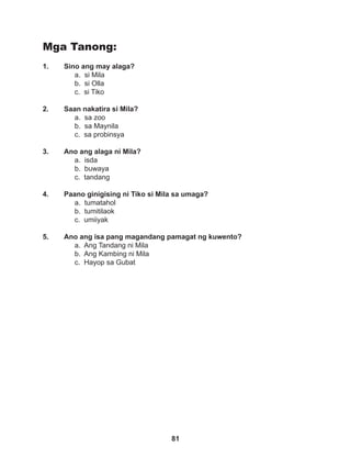 81
Mga Tanong:
1. Sino ang may alaga?
a. si Mila
b. si Olla
c. si Tiko
2. Saan nakatira si Mila?
a. sa zoo
b. sa Maynila
c. sa probinsya
3. Ano ang alaga ni Mila?
a. isda
b. buwaya
c. tandang
4. Paano ginigising ni Tiko si Mila sa umaga?
a. tumatahol
b. tumitilaok		
c. umiiyak
5. Ano ang isa pang magandang pamagat ng kuwento?
a. Ang Tandang ni Mila
b. Ang Kambing ni Mila
c. Hayop sa Gubat
 