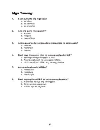 83
Mga Tanong:
1. Saan pumunta ang mga bata?
a. sa labas
b. sa paaralan
c. sa simbahan
2. Ano ang gusto nilang gawin?
a. kumain
b. maglaro
c. magpahinga
3. Anong panahon kaya magandang magpalipad ng saranggola?
a. maaraw		
b. mahangin		
c. maulan
4. Bakit kaya tinuruan ni Niko ng tamang paglipad si Noli?
a. Walang sariling saranggola si Niko.
b. Nasira ang hawak na saranggola ni Niko.
c. Hindi mapalipad ni Niko ang saranggola niya.
5. Anong uri ng kapatid si Niko?
a. maasikaso
b. magalang
c. matulungin
6. Bakit napangiti na si Noli sa katapusan ng kuwento?
a. Napalipad na niya ang saranggola.
b. Binigyan siya ng premyo.
c. Nanalo siya sa paglalaro.
 
