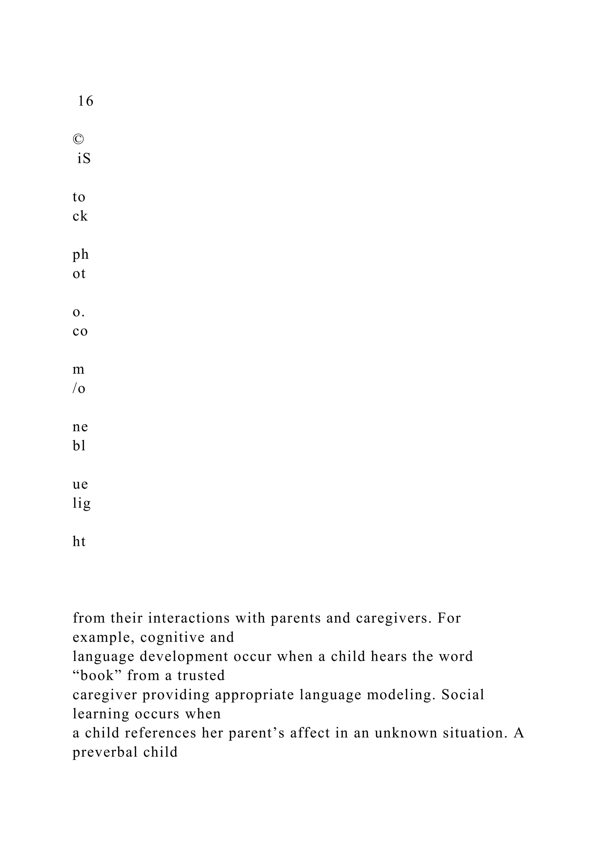 16
©
iS
to
ck
ph
ot
o.
co
m
/o
ne
bl
ue
lig
ht
from their interactions with parents and caregivers. For
example, cognitive and
language development occur when a child hears the word
“book” from a trusted
caregiver providing appropriate language modeling. Social
learning occurs when
a child references her parent’s affect in an unknown situation. A
preverbal child
 