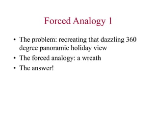 Forced Analogy 1
• The problem: recreating that dazzling 360
degree panoramic holiday view
• The forced analogy: a wreath
• The answer!
 