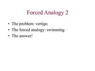 Forced Analogy 2
• The problem: vertigo
• The forced analogy: swimming
• The answer!
 