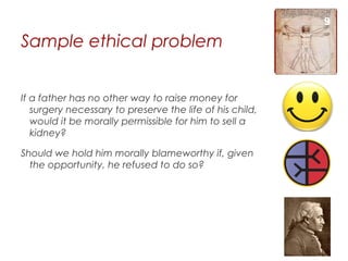 9

Sample ethical problem


If a father has no other way to raise money for
   surgery necessary to preserve the life of his child,
   would it be morally permissible for him to sell a
   kidney?

Should we hold him morally blameworthy if, given
  the opportunity, he refused to do so?
 