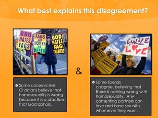 What best explains this disagreement?




                            &
                                 Some liberals
 Some conservative               disagree, believing that
 Christians believe that          there is nothing wrong with
 homosexuality is wrong           homosexuality. Any
 because it is a practice         consenting partners can
 that God abhors.                 love and have sex with
                                  whomever they want.
 