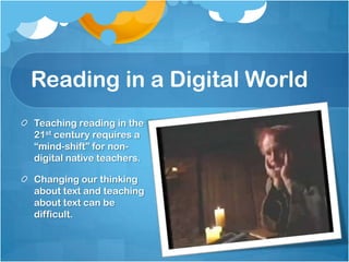 Why teach online reading to digital natives?Science Assignment: Find information about an animal that interests you and create an informational poster.Student searches Google for “octopus” and finds a site that interests him and creates a poster.Among the facts on the “tree octopus” he writes:Found in Washington StateAmphibious, but lives in treesLargest brain-to-body ratio for a mollusk