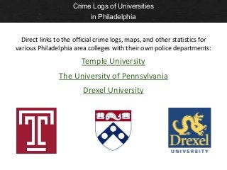 Crime Logs of Universities
                            in Philadelphia


  Direct links to the official crime logs, maps, ...