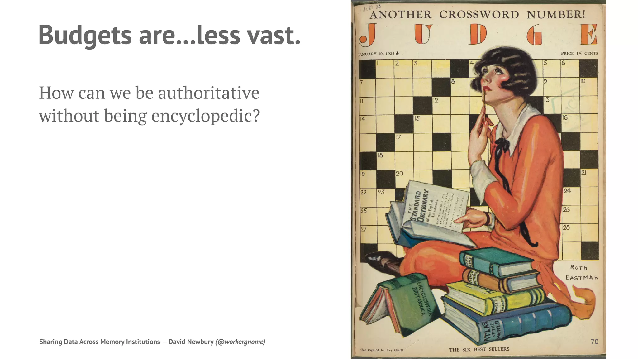 Budgets are...less vast.
How can we be authoritative
without being encyclopedic?
Sharing Data Across Memory Institutions — David Newbury (@workergnome) 70
 