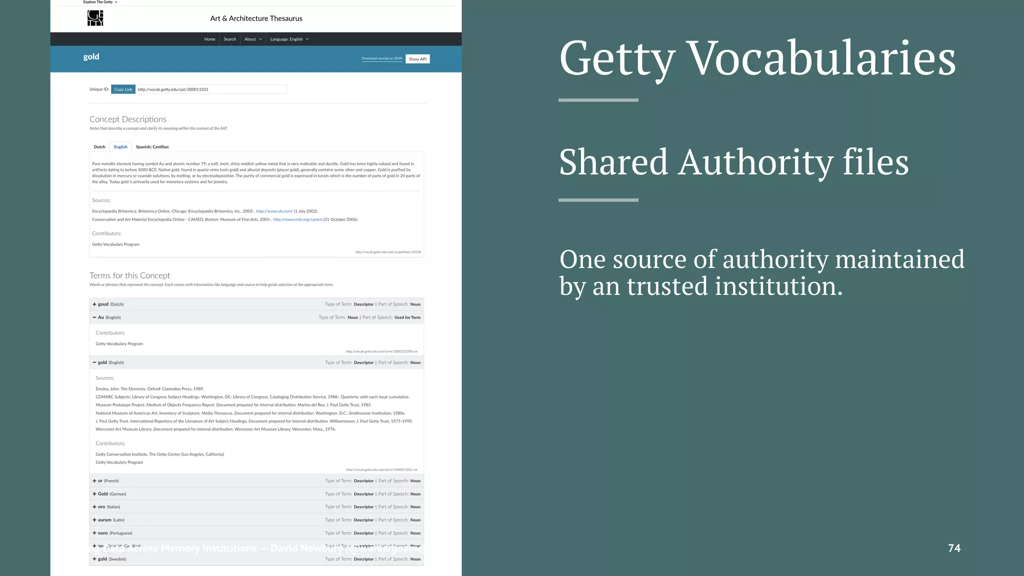 Getty Vocabularies
Shared Authority files
One source of authority maintained
by an trusted institution.
Sharing Data Across Memory Institutions — David Newbury (@workergnome) 74
 