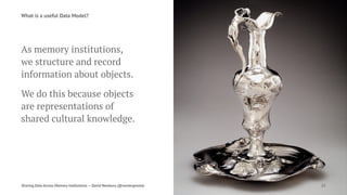 What is a useful Data Model?
As memory institutions,
we structure and record
information about objects.
We do this because objects
are representations of
shared cultural knowledge.
Sharing Data Across Memory Institutions — David Newbury (@workergnome) 23
 