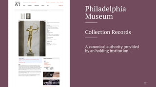 Philadelphia
Museum
Collection Records
A canonical authority provided
by an holding institution.
Sharing Data Across Memory Institutions — David Newbury (@workergnome) 72
 