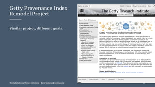 Getty Provenance Index
Remodel Project
Similar project, different goals.
Sharing Data Across Memory Institutions — David Newbury (@workergnome) 87
 