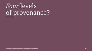 Four levels
of provenance?
Sharing Data Across Memory Institutions — David Newbury (@workergnome) 90
 